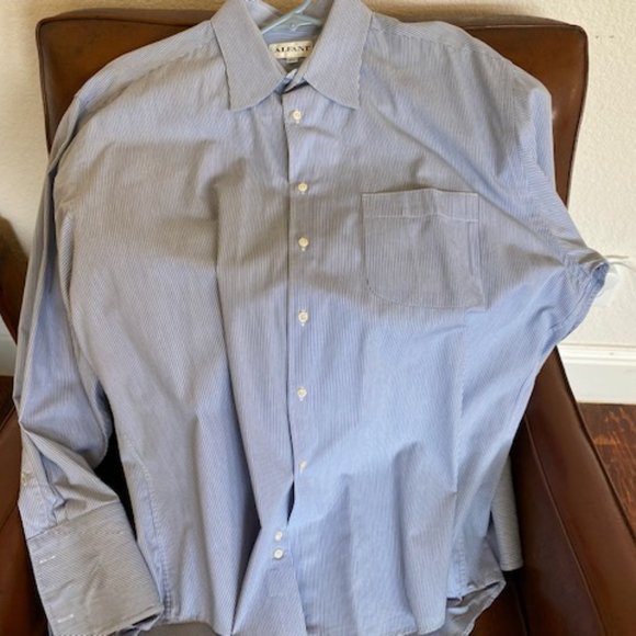 ALFANI * BLUE WHITE Stripe DRESS SHIRT * cufflinks * Chest Pocket * 16.5 * 32-33 - Picture 3 of 11